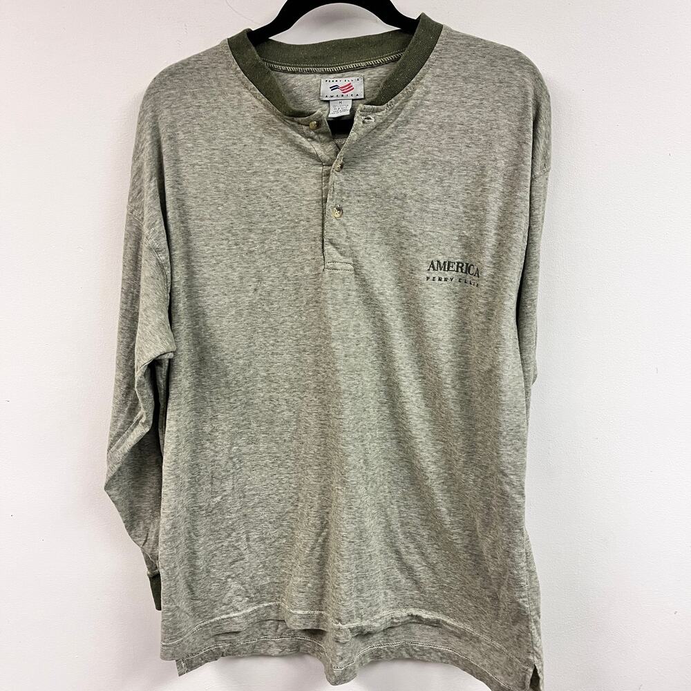 Men's Perry Ellis 100% Cotton Med long sleeve ringer henley tee heather green